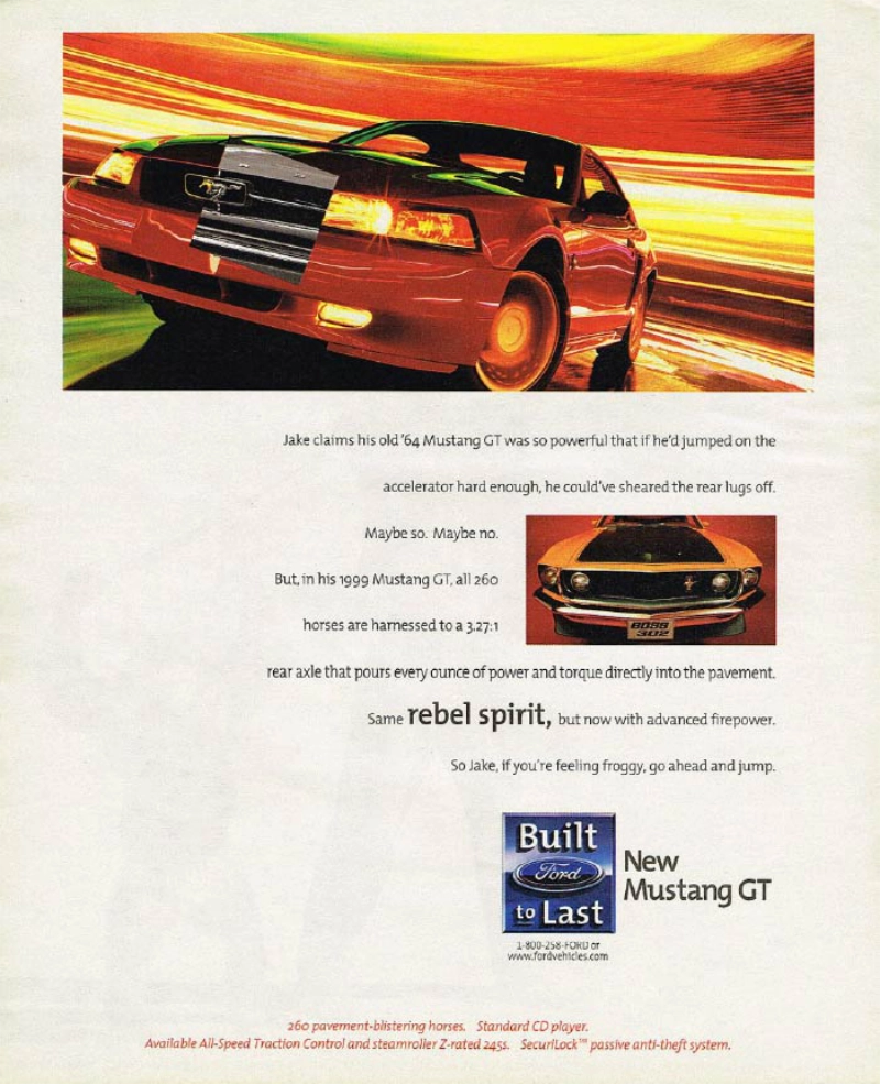 1999 Ford Mustang vintage auto ad; Rebel spirit 1999 Ford Mustang vintage auto ad; Rebel spirit
